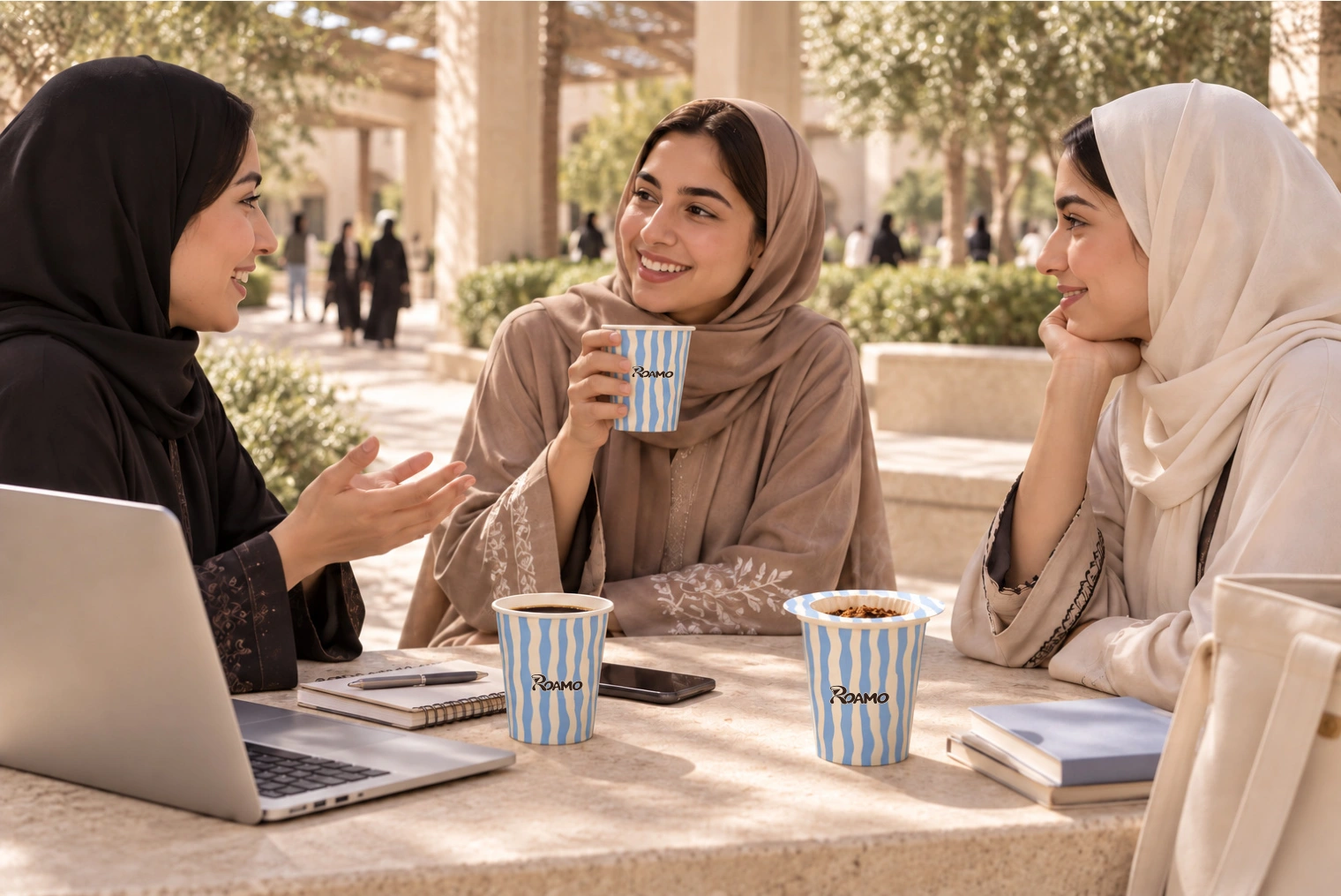 صديقات يتشاركن قهوة رومو حول طاولة مع دفاترهن